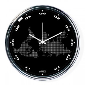Black horizontally inverted clock with a world map