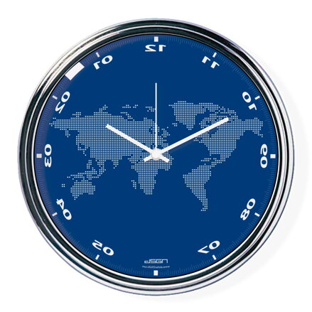 Blue vertically inverted clock with a world map