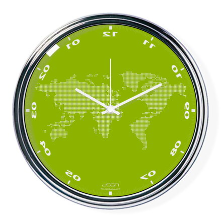 Green vertically inverted clock with a world map