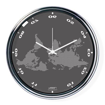 Dark gray horizontally inverted clock with a world map