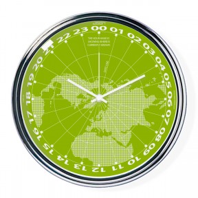 Zelené hodiny s chodem 24h ukazující na mapě, kde je právě poledne (32 cm) | atelierDSGN