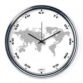 White vertically inverted clock with a world map