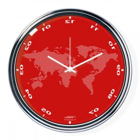 Red vertically inverted clock with a world map
