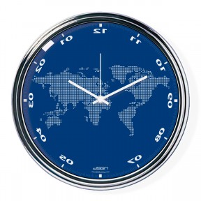 Blue vertically inverted clock with a world map