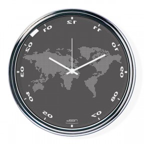 Dark gray vertically inverted clock with a world map