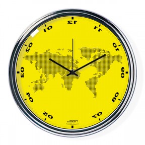 Yellow vertically inverted clock with a world map