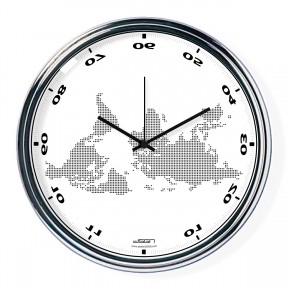 White horizontally inverted clock with a world map