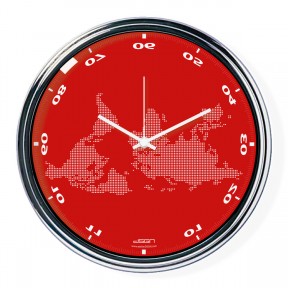Red horizontally inverted clock with a world map