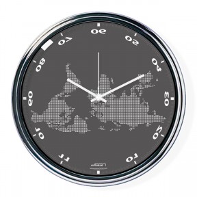 Dark gray horizontally inverted clock with a world map