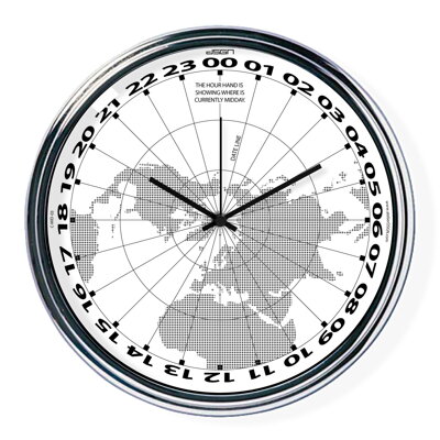 Biele hodiny s chodom 24h ukazujúce na mape, kde je práve poludnie | atelierDSGN