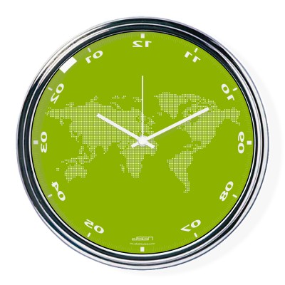 Green vertically inverted clock with a world map