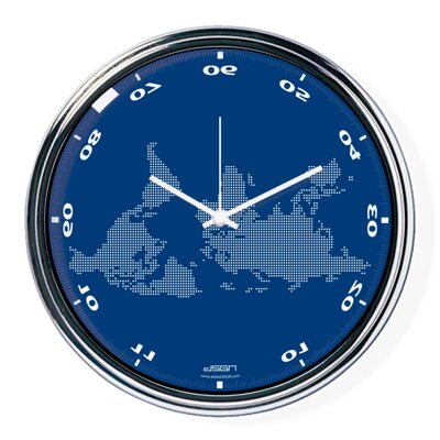 Blue horizontally inverted clock with a world map