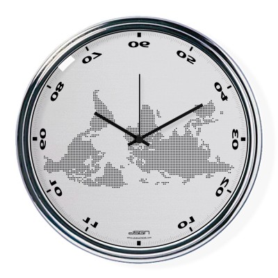 Light gray horizontally inverted clock with a world map