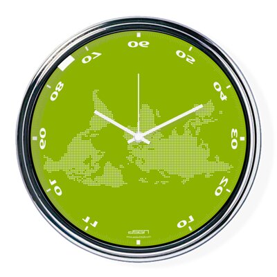 Green horizontally inverted clock with a world map