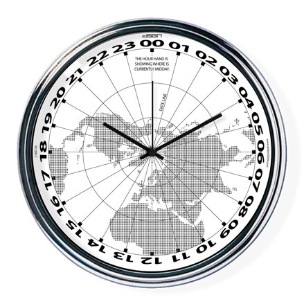 Bílé hodiny s chodem 24h ukazující na mapě, kde je právě poledne (32 cm) | atelierDSGN