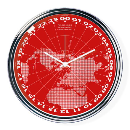 Červené hodiny s chodem 24h ukazující na mapě, kde je právě poledne (32 cm) | atelierDSGN