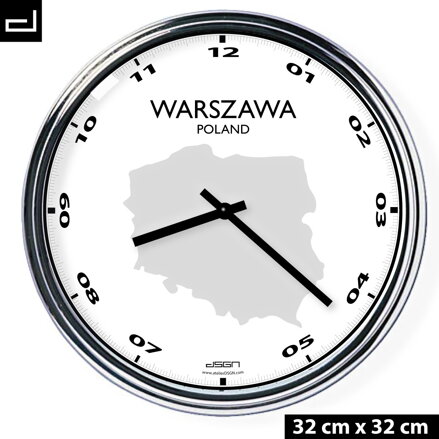 Zegar ścienny z mapą: Poland/Warszawa