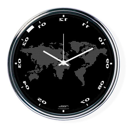 Black vertically inverted clock with a world map