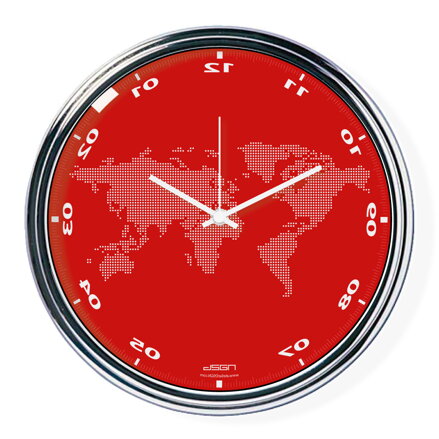 Red vertically inverted clock with a world map