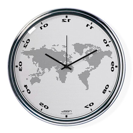 Light gray vertically inverted clock with a world map
