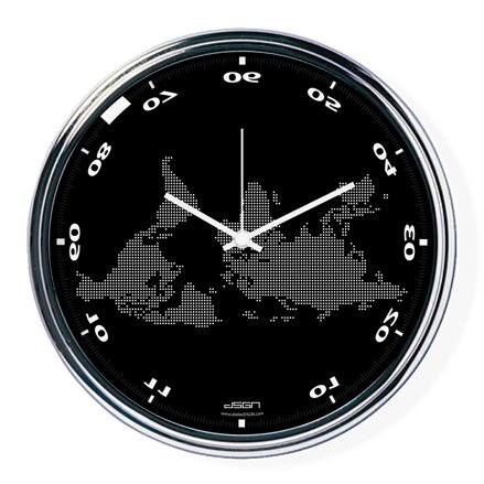 Černé vodorovně zrcadlené hodiny s mapou (32 cm)