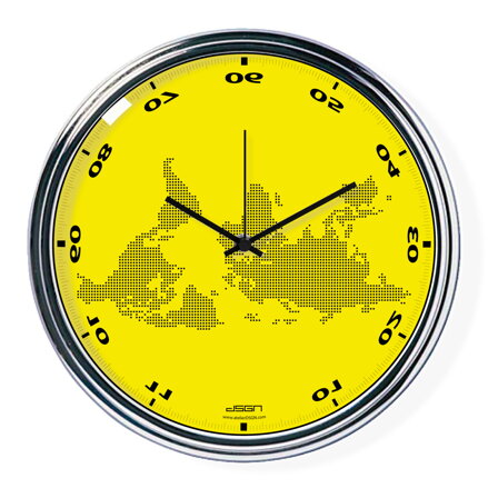 Žluté vodorovně zrcadlené hodiny s mapou (32 cm)