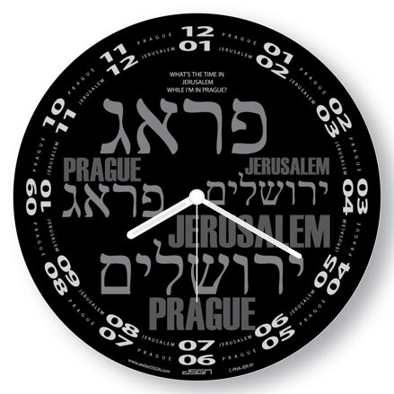 Černé hodiny Praha-Jerusalem 28x28 cm, plexi