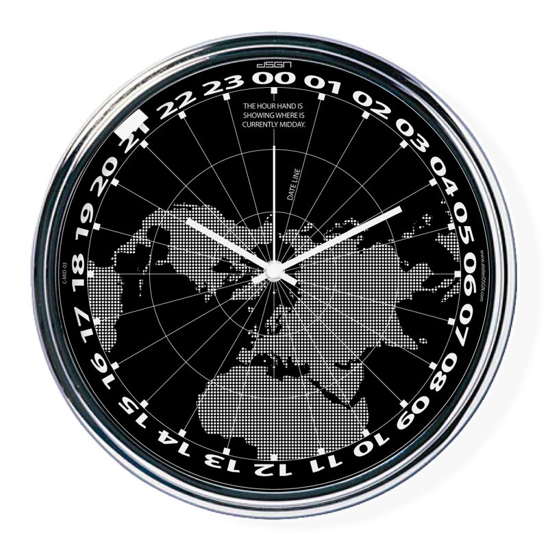 Černé hodiny s chodem 24h ukazující na mapě, kde je právě poledne (32 cm) | atelierDSGN Černé hodiny s chodem 24h ukazující na mapě, kde je právě poledne (32 cm) | atelierDSGN