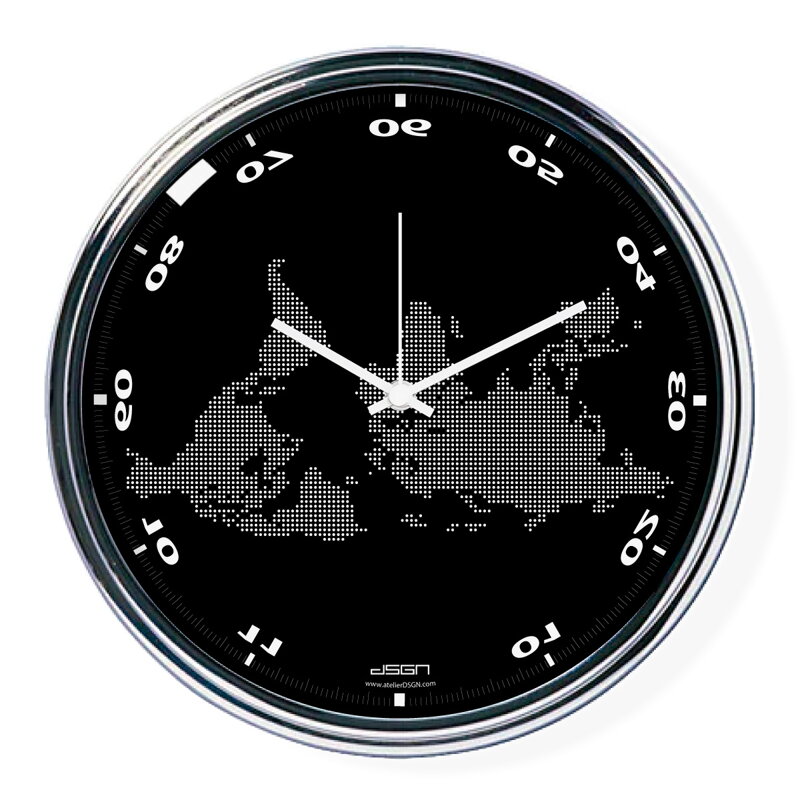 Černé vodorovně obrácené hodiny s mapou (32 cm)