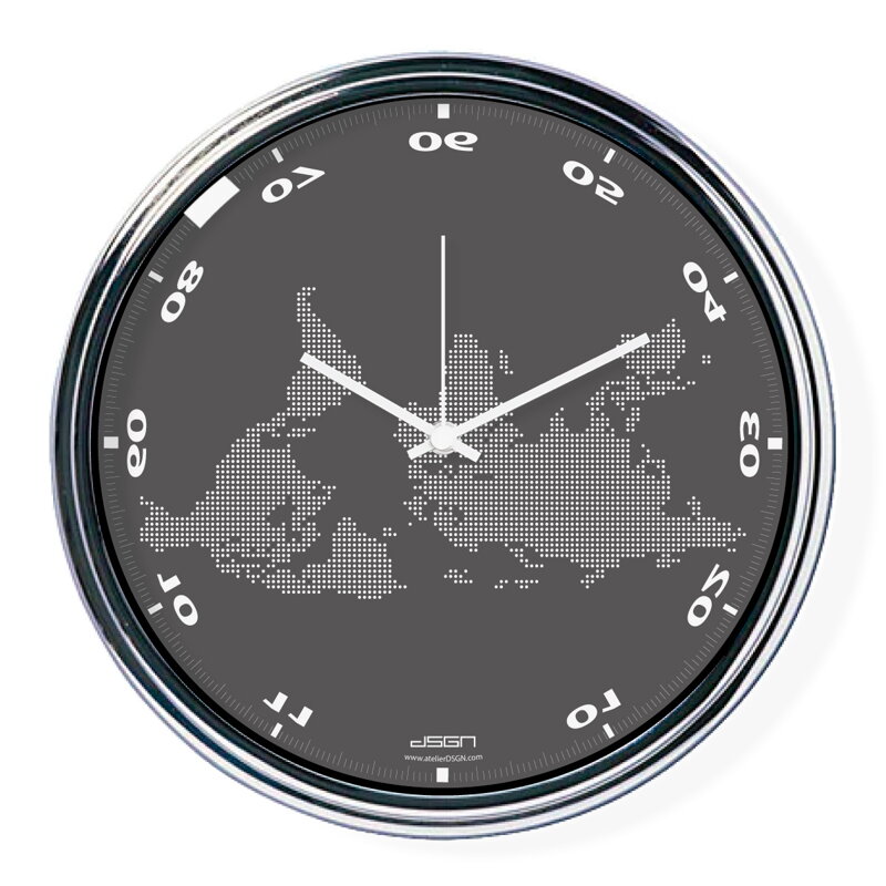 Tmavě šedé vodorovně obrácené hodiny s mapou (32 cm) Tmavě šedé vodorovně obrácené hodiny s mapou (32 cm)